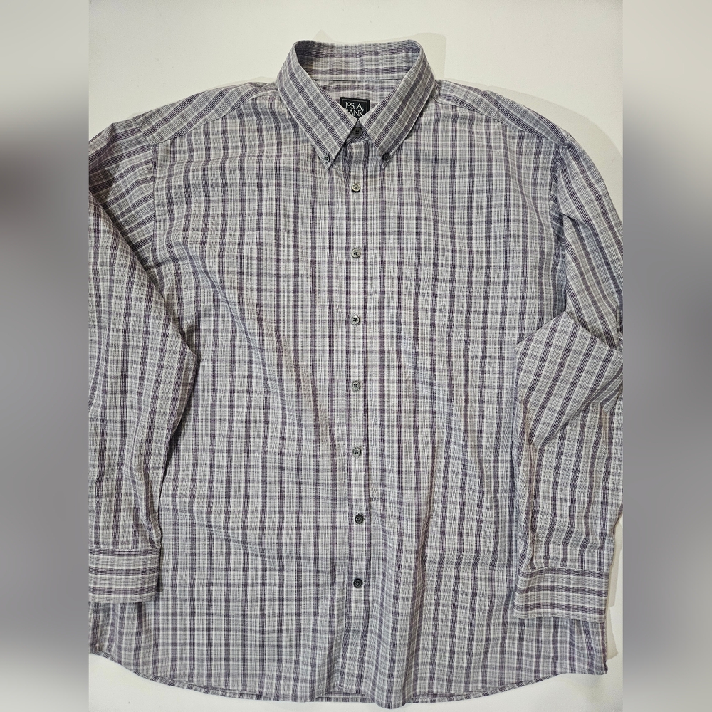 Jos. A Bank Traveler Shirt Mens XXL Tailored Fit Grey‎ Plaid Check Button Down